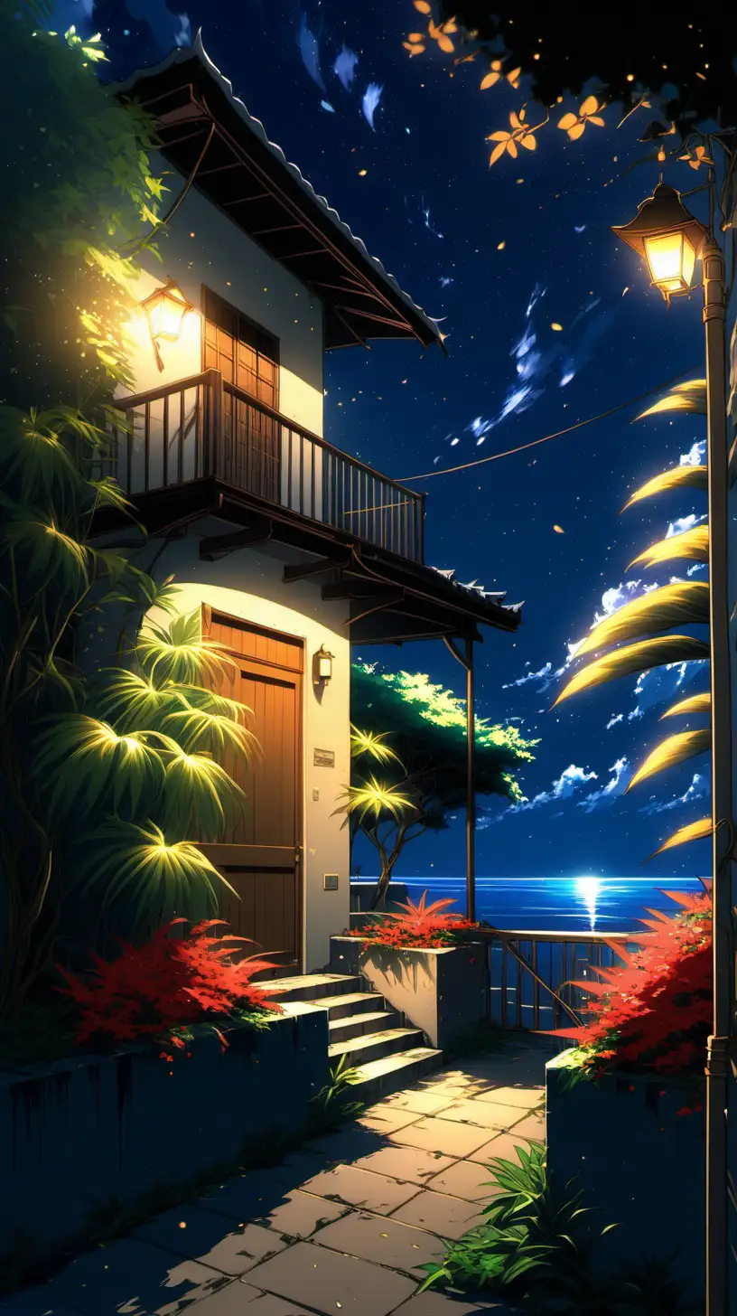 tropical houses by the sea with lamp light inside of   houses, beautiful garden,  the wall  full covered by vines plant with yellow  and red flowers, floral tropical,  ultra detailed, beautiful wide night sky with stars and twillight clouds, petals fly on sky, makoto shinkai, codex_401, trending pixiv style, ghibli studio,  -- MJ V 6.0, ultra detailed, UHD, acrylic palette knife colors, anime, stable diffusion, ultra detailed everything, illustration,  full front shot from distance.