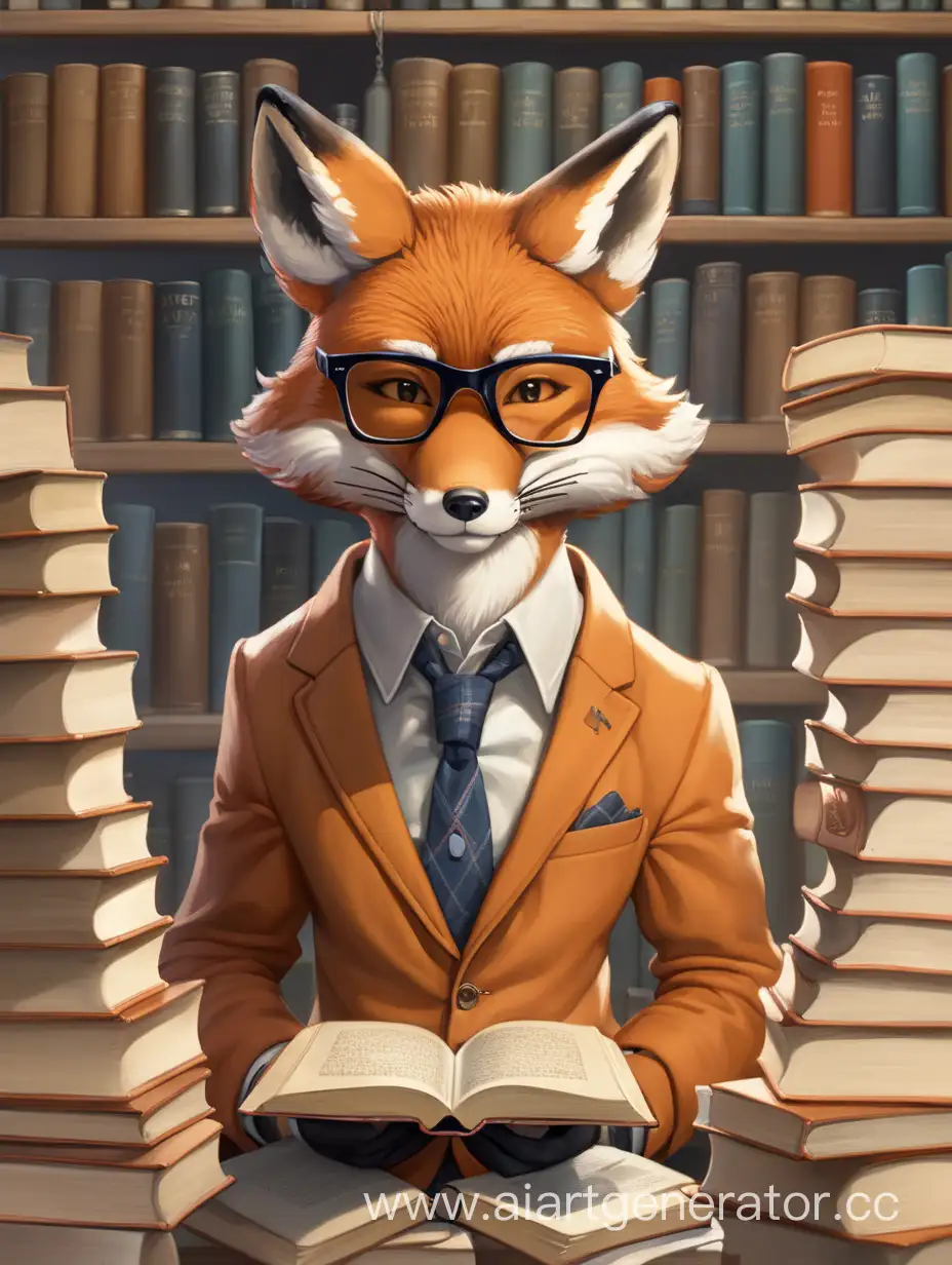 Smart-Fox-Reading-a-Book-Surrounded-by-Scattered-Stacks