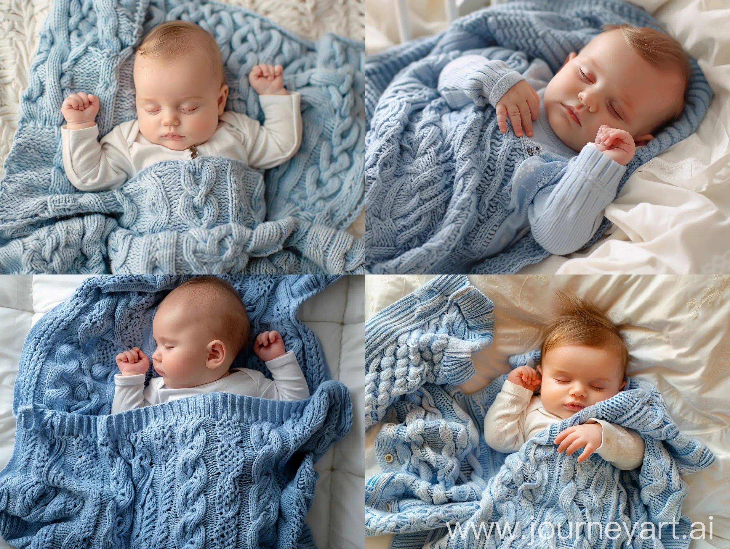 New born baby boy in bed. New born child sleeping under a blue knitted blanket. Children sleep. Bedding for kids. Infant napping in bed. Healthy little kid shortly after birth. Cable knit textile