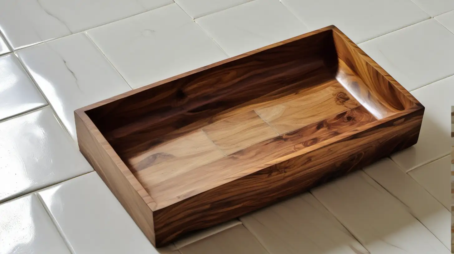 Rustic Wooden Bowl on Clean White Tile Floor
