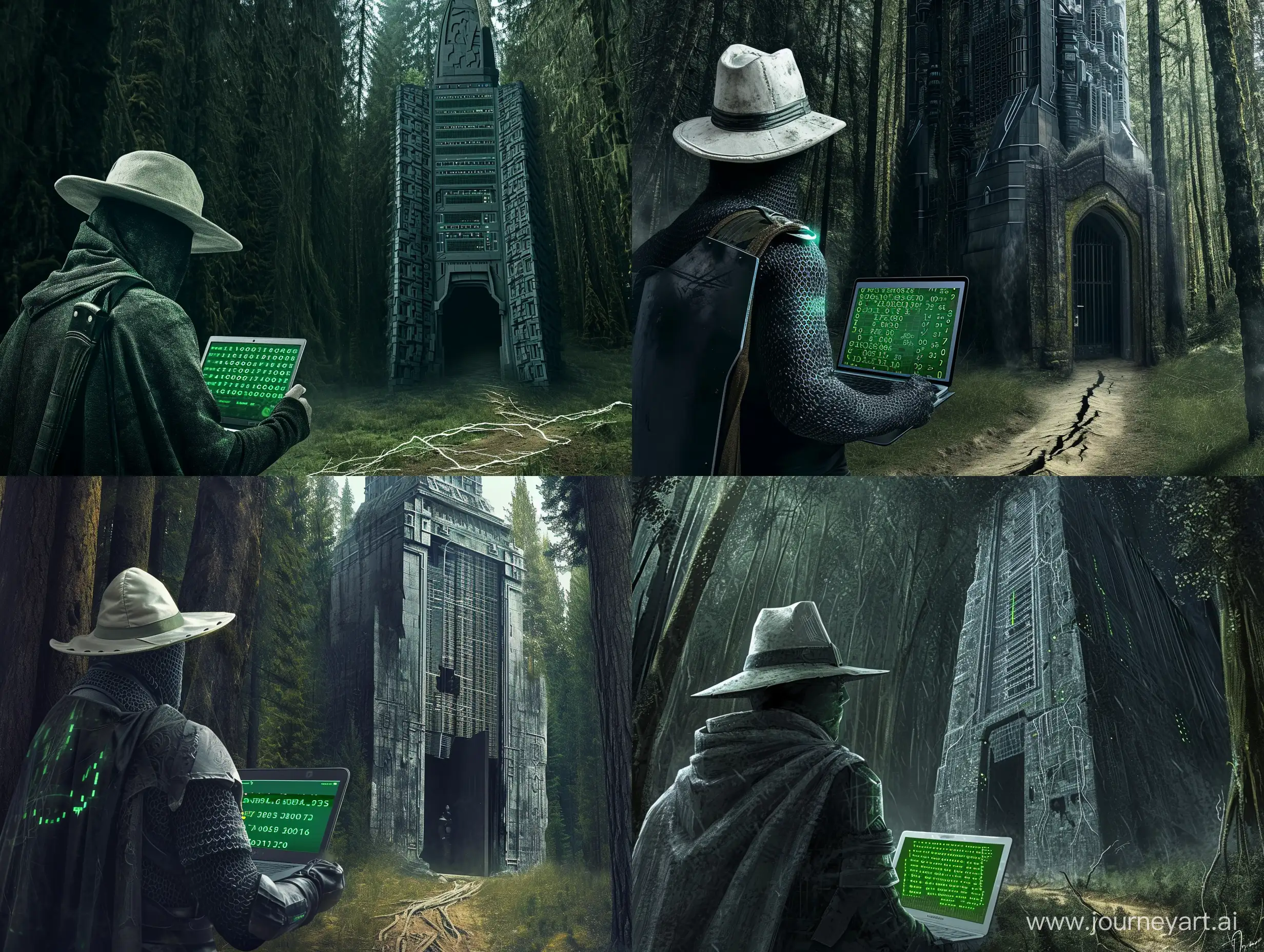 a dark medieval knight wearing a off-white colored fedora, facing a large towering gloomy ominous datacenter entrance, holding a laptop with green binary on its screen. low angle, low exposure. behind the night is only forest from which a raggedy trail emerges
