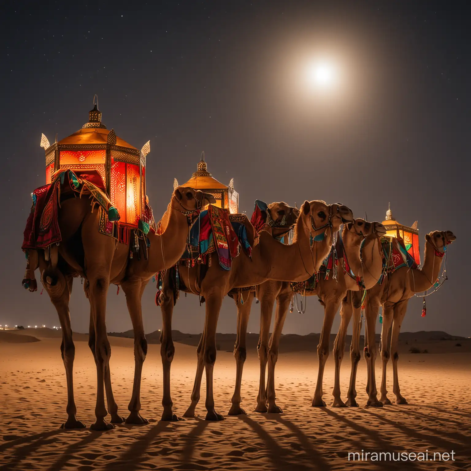 Nighttime Scene Majestic Arabian Lanterns Adorning Camels