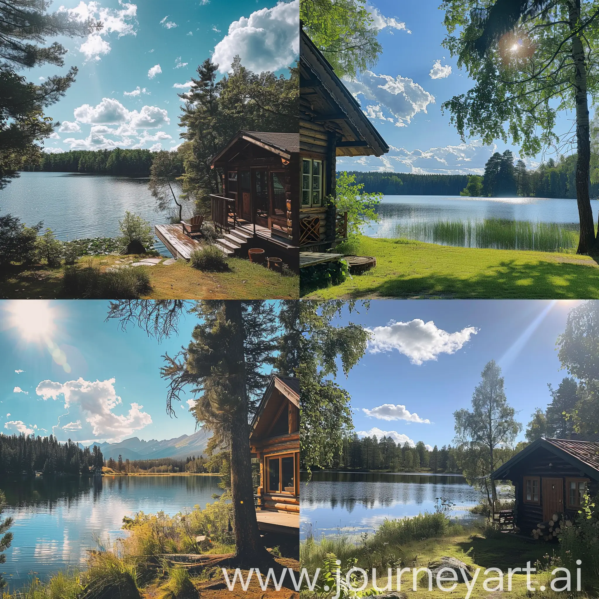 Una cabaña junto a un lago, en un día soleado