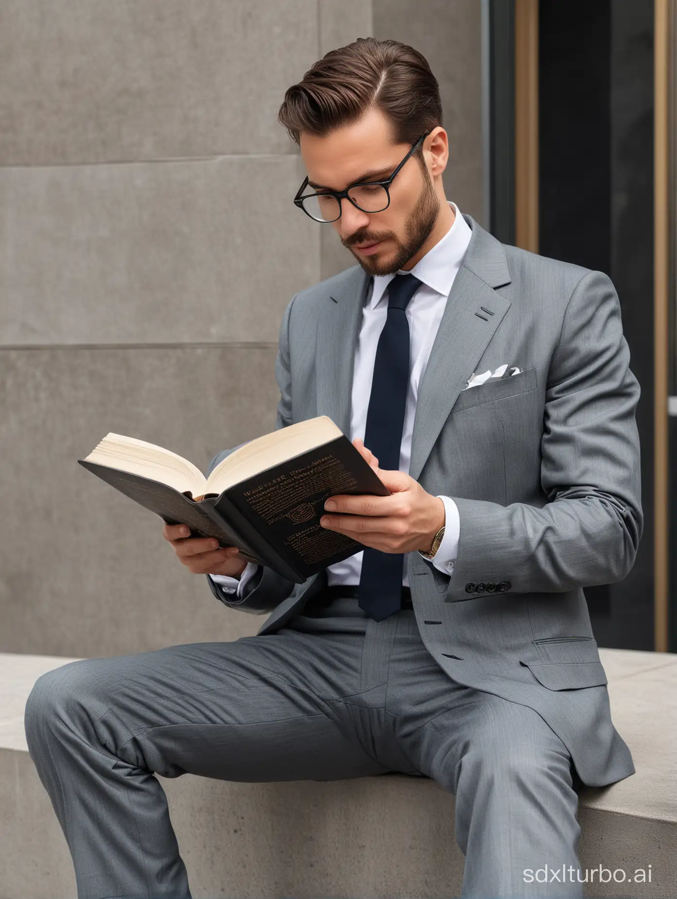 A man in a suit is reading a book
