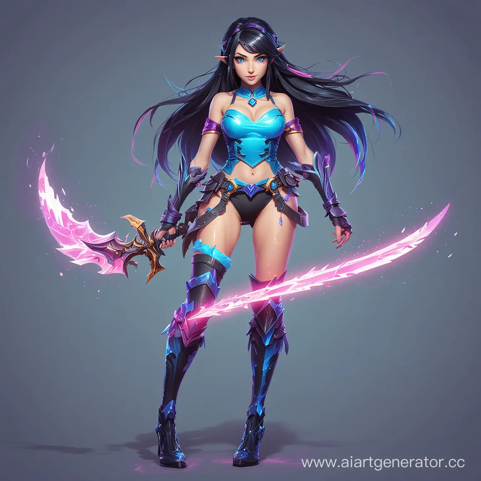 Девушка из League of Legends, обладает магическим клинком и состоит из липкой жижи неонового цвета, с черными волосами и голубыми глазами в полный рост с ногами, на однотонном фоне. в более мультяшном стиле