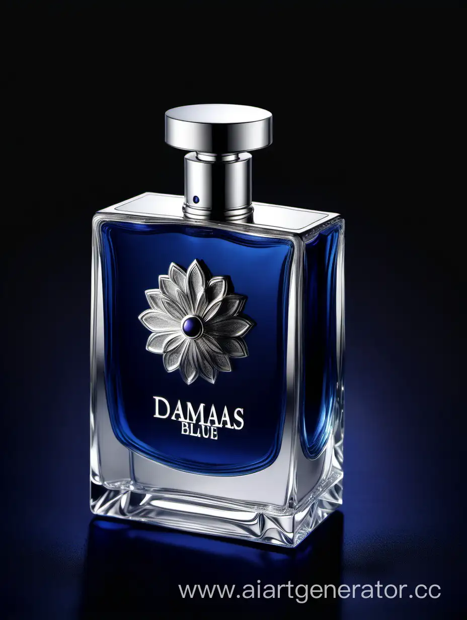 Luxurious-Silver-and-Dark-Matt-Blue-Perfume-with-Intricate-3D-Details-on-Black-Background-Damas-Text-Logo