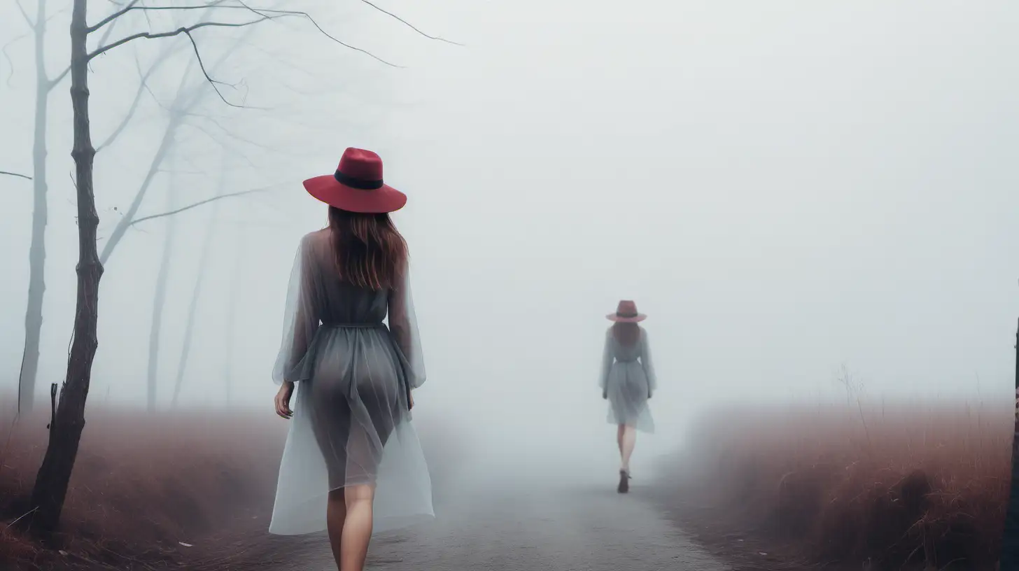 beauty women walking side with hat in dense fog alone 