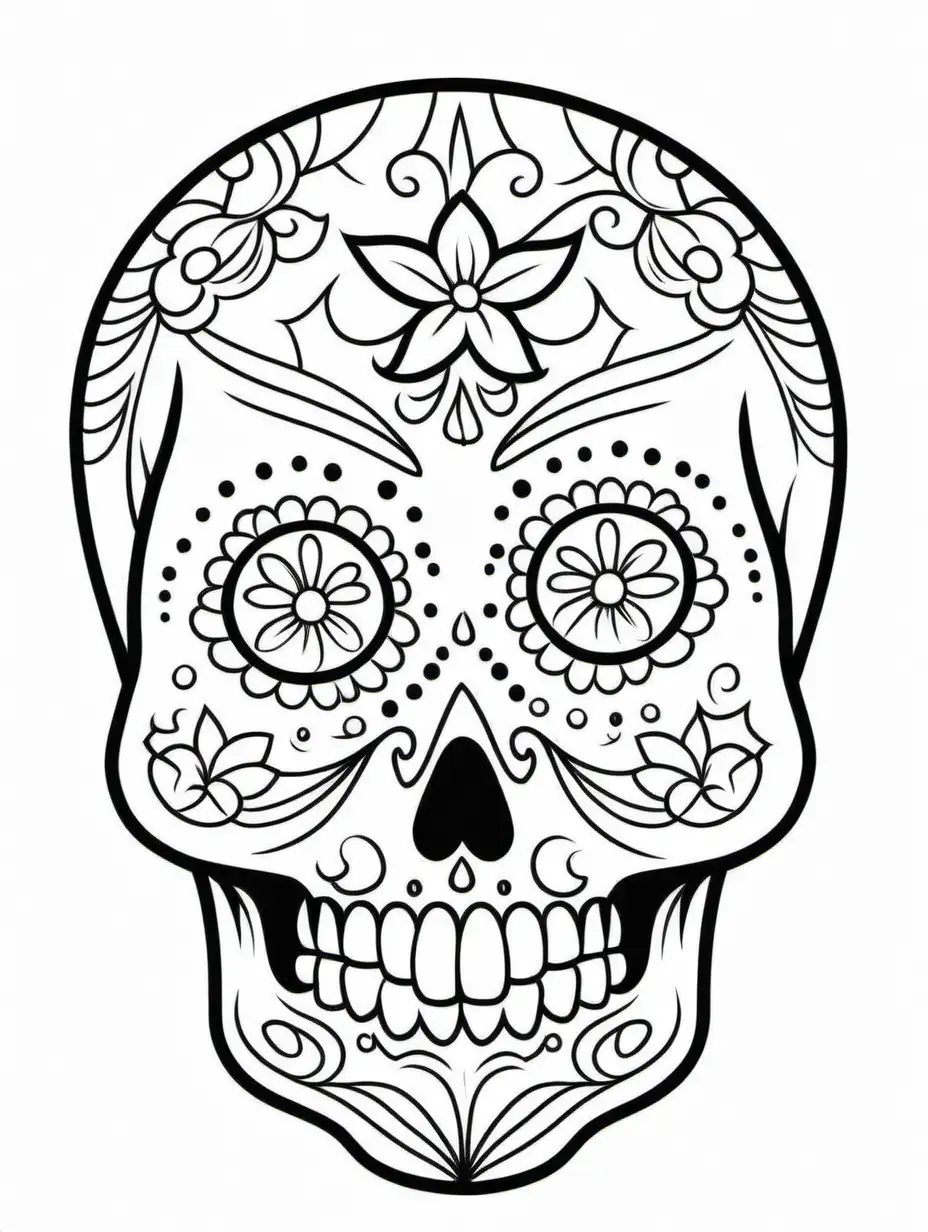 Mexican Halloween Skull Outline for Coloring Book on White Background