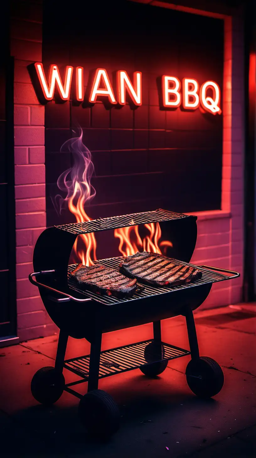 "wianBBQ", content creating, neonlight background, style street photography, amarican bbq, grill,