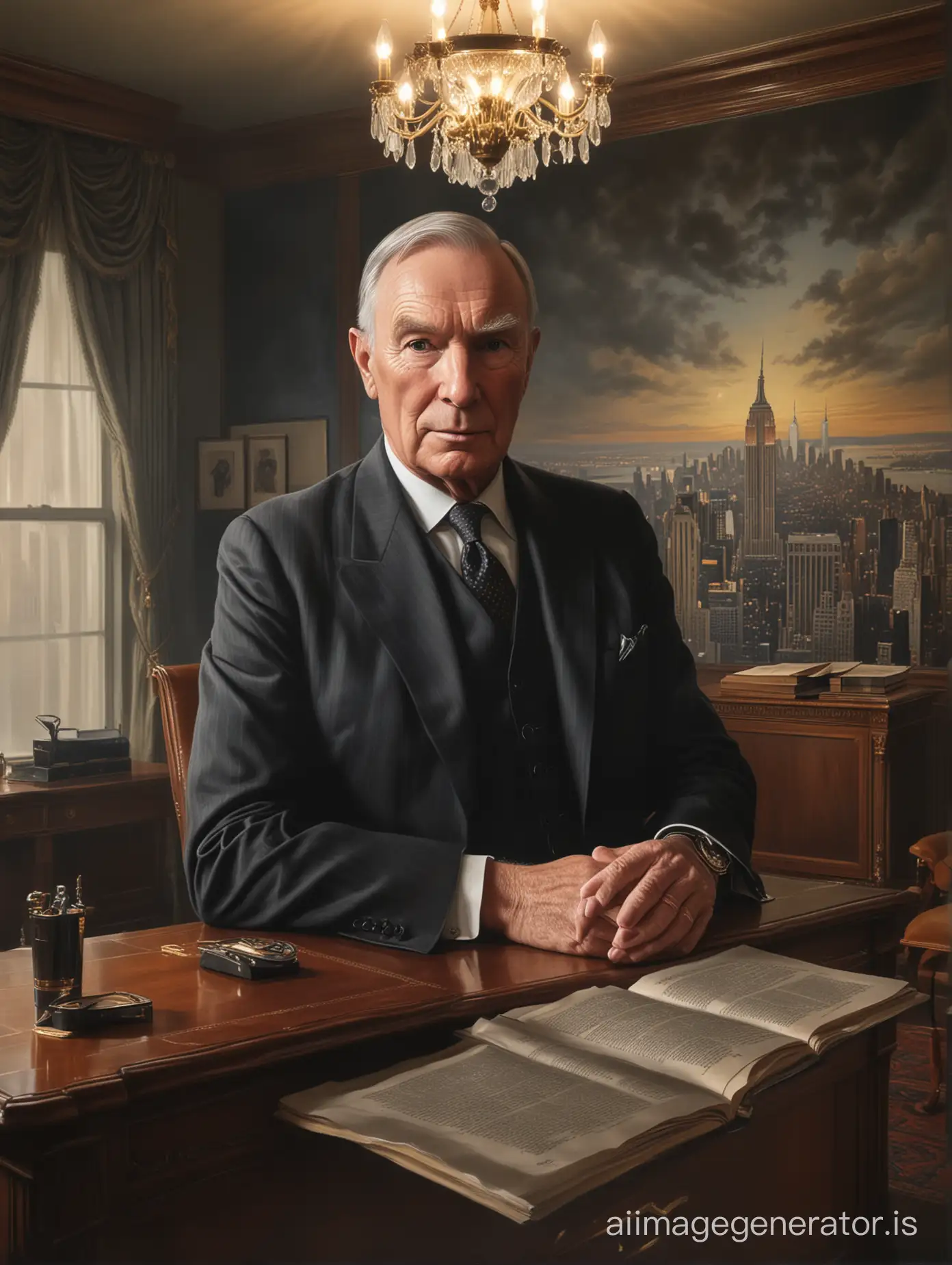 A highly realistic mural capturing John D Rockefeller in an elegant, dimly lit study, in mid-conversation, with the ambiance of the room reflecting a sense of future possibilities, hyper realistic, ultra realistic details