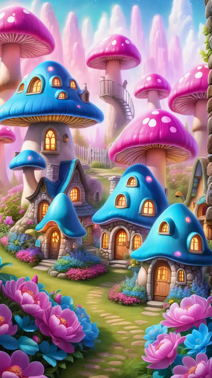 magical rainbow glowing mushroom village with blue mushroom windows and doors and a chimney in a garden of pink peony