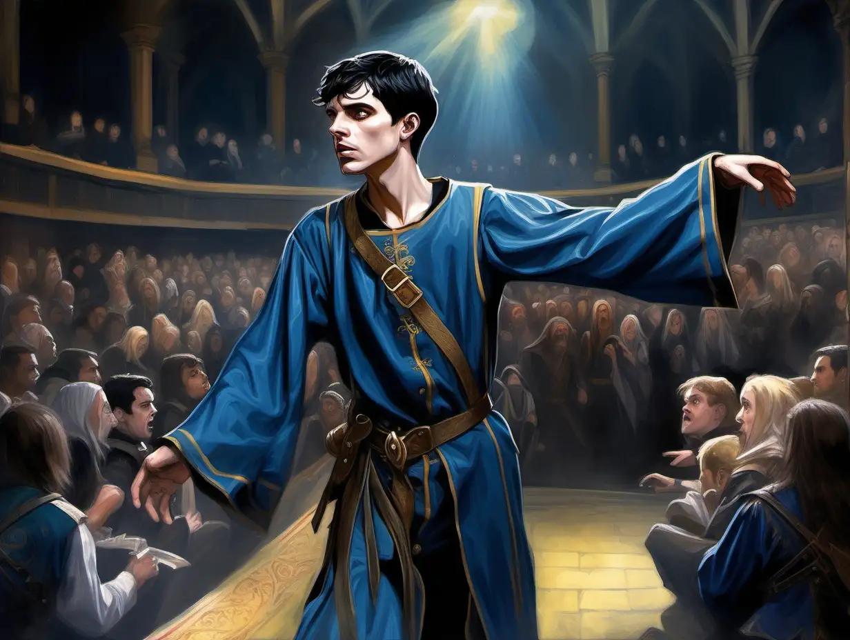 Confused Young Man in Blue Stage Clothes on Medieval Fantasy Theater