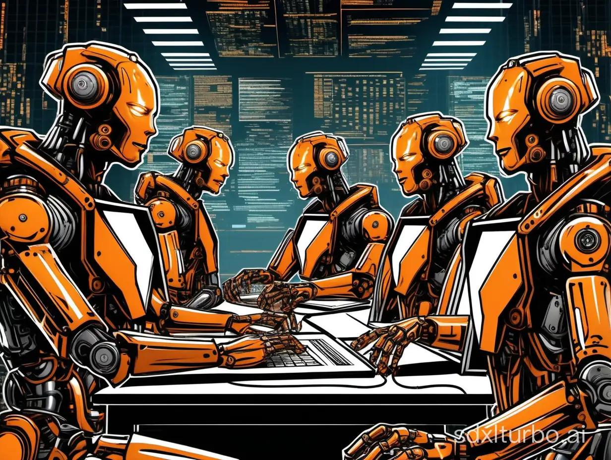 comicbook style image of multiple artificially intelligent bots collaborating to write software code in multiple screens in a futuristic scenario, in black and orange with white in the background