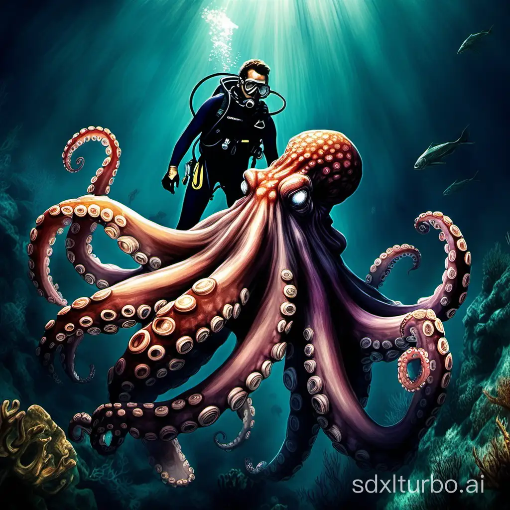 deep sea，Highest picture quality，diver，Super sized octopus，Realistic painting style，terror，A faint glow