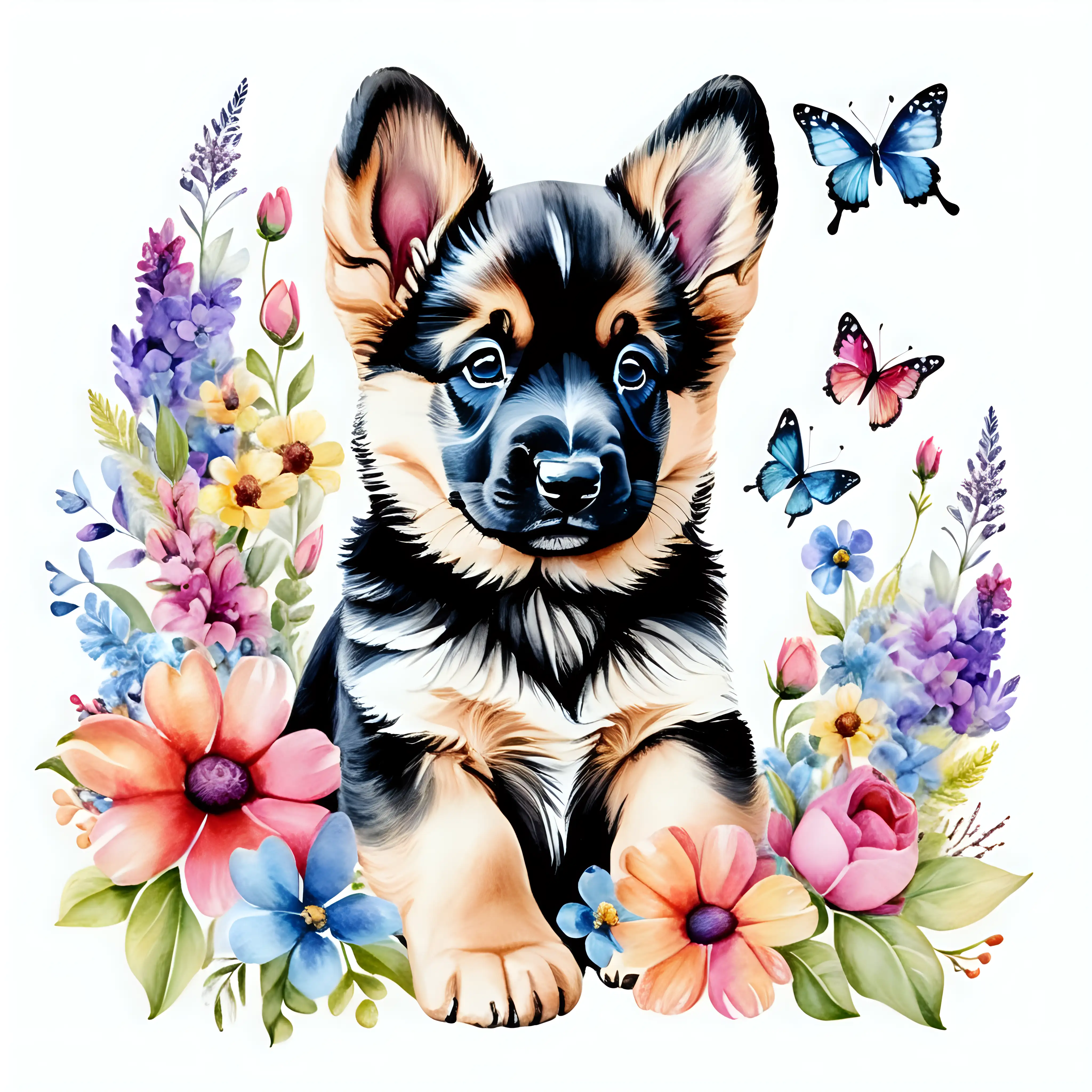 Charming Watercolor German Shepherd Puppy Surrounded by Vibrant Flowers and Butterflies