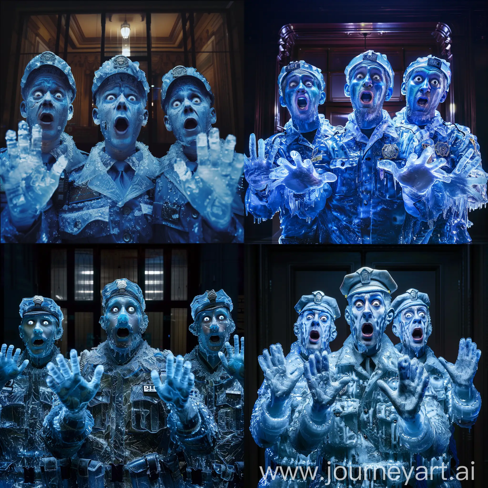 Low lighting, realistic, three frozen handsome young good looking shocked cops with their hands up, cops made of ice, covered in frost ice, distressed good looking faces with frosty faces and frosty hair, cop with blue frosty skin, white frosty blank white eyes, handsome men wearing frozen frosty police uniforms, turned into ice statues, realistic ice statues of police officers, frozen skins and frozen uniforms, empty bank at night background, low lighting, cinematic lighting