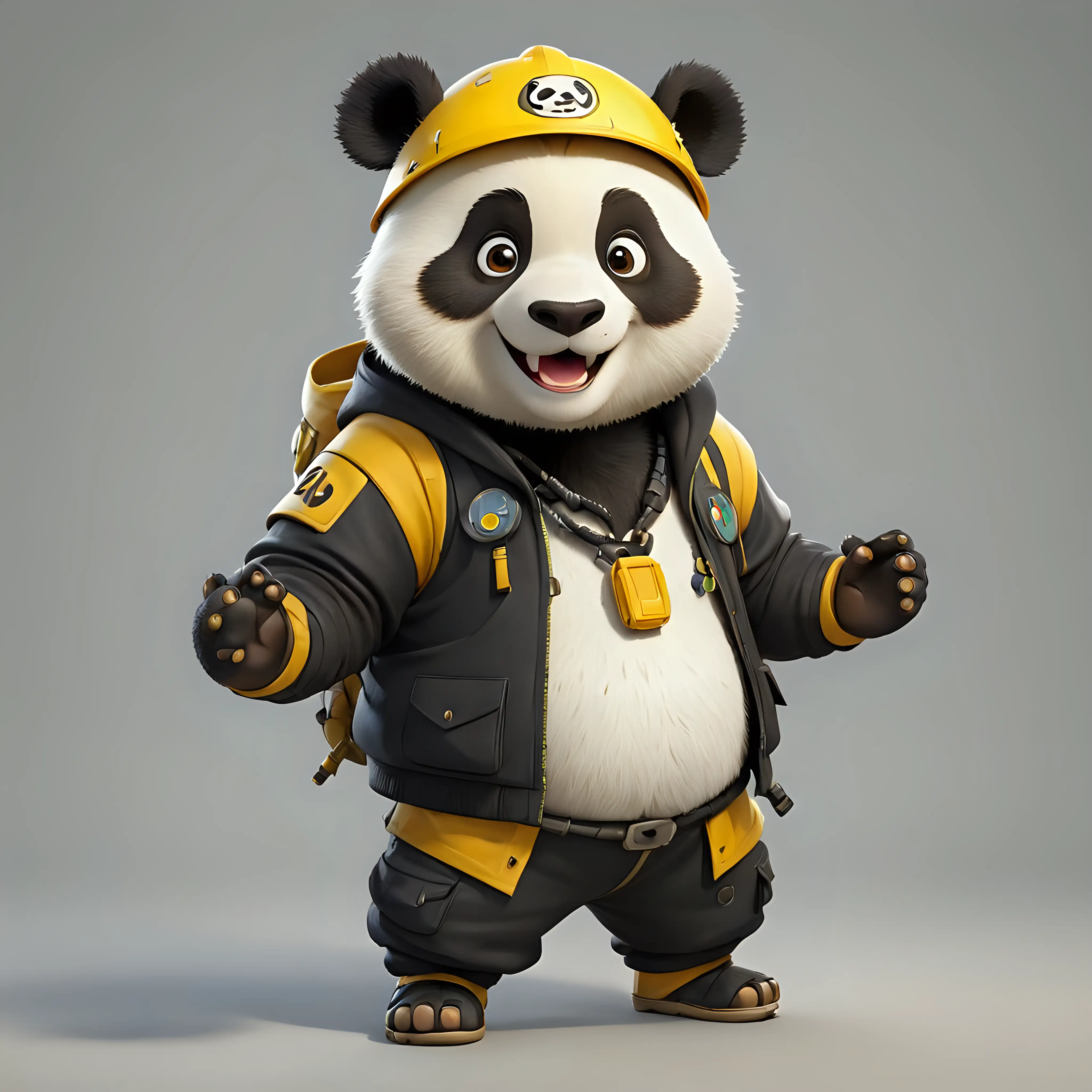 a happy panda in cartoon style in full body with trabal clothes with yellow helmet with clear background