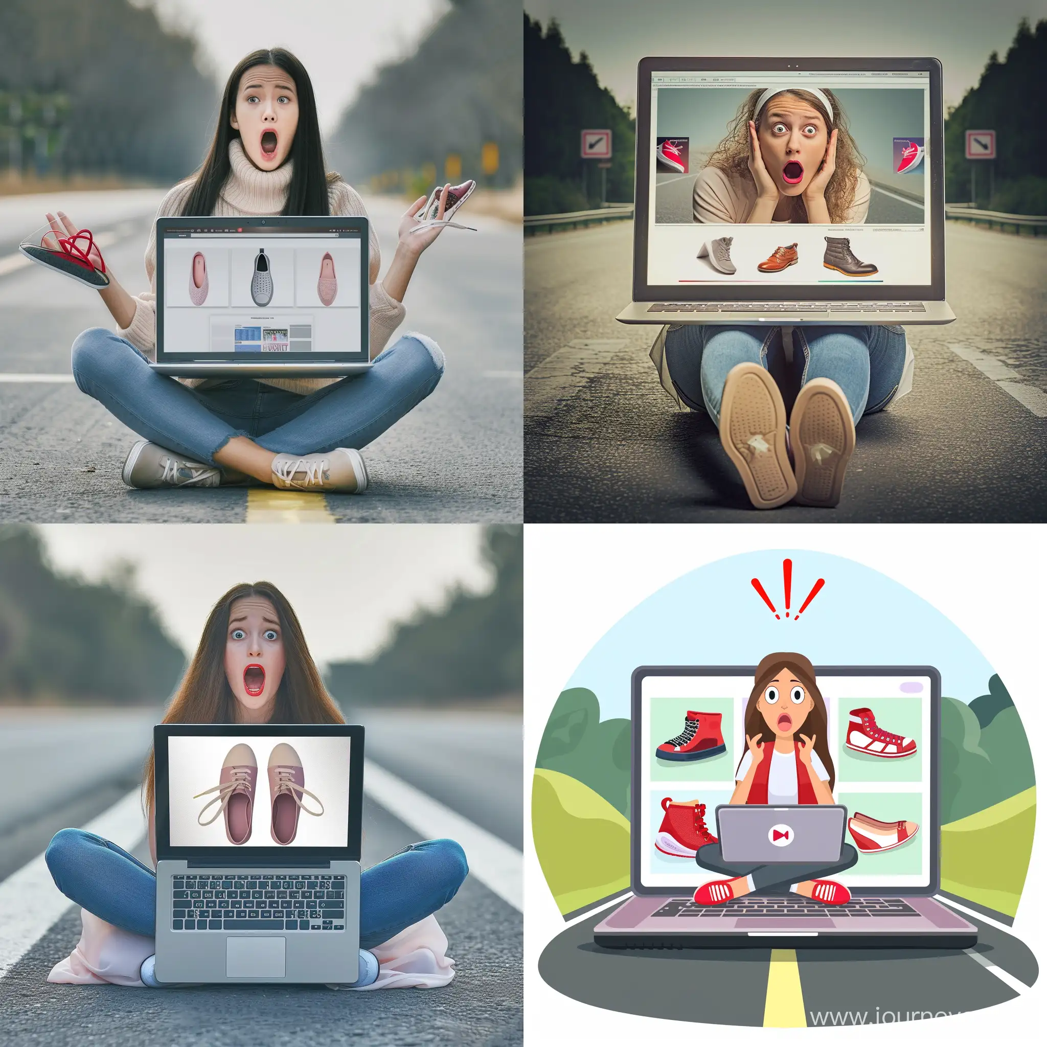 a girl sitting in road searching for a shoes on her big laptop and seeing the ads related to shoes on her screen being shocked
