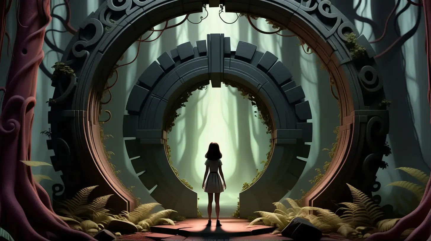 Generate an AI scene featuring a young lady standing in front of a mysterious portal opening within a dark and mystical forest. Capture the eerie ambiance, emphasizing the contrast between the enigmatic portal's glow and the shadows of the forest.