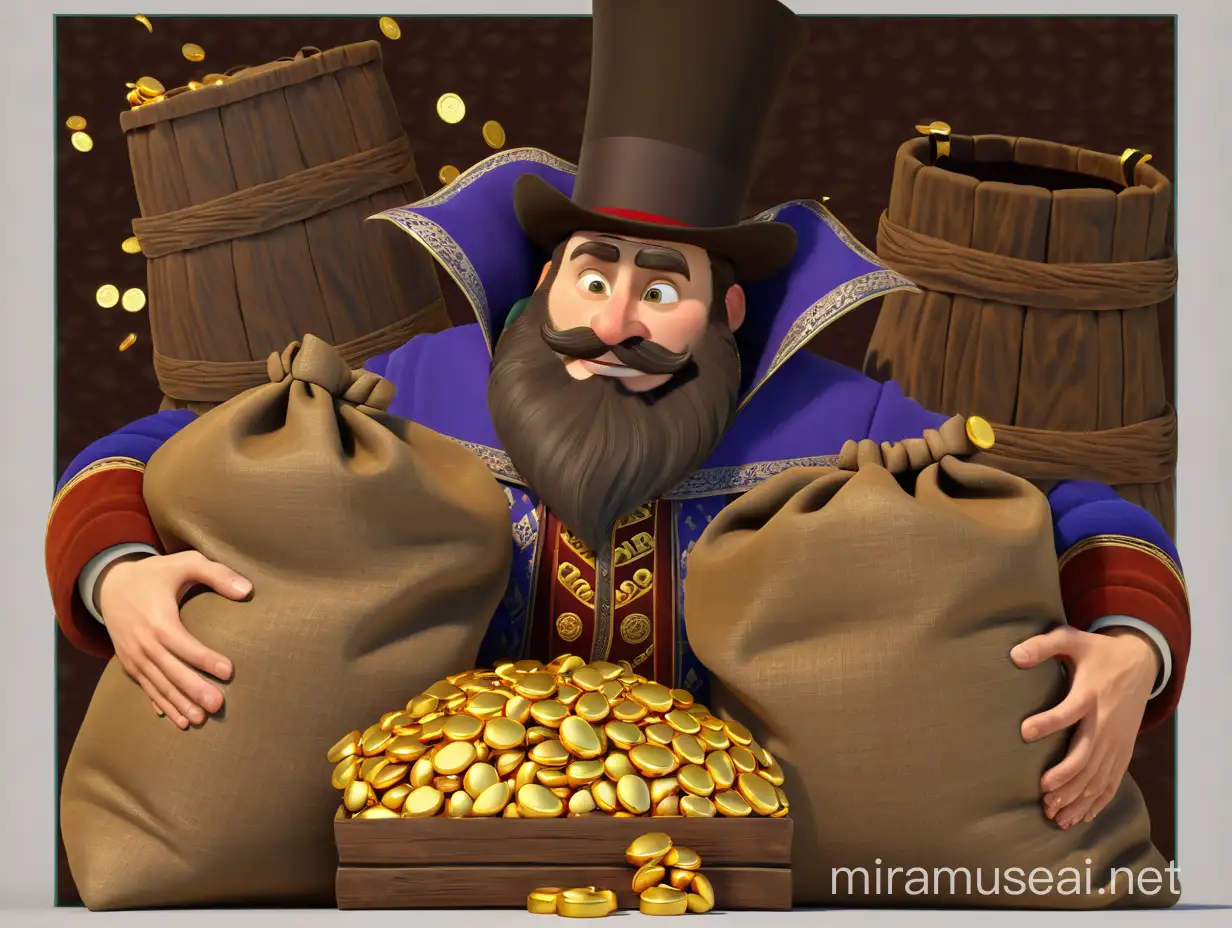 Russian Merchant of the 19th Century Embracing Gold Sacks in Realistic 3D Animation Style
