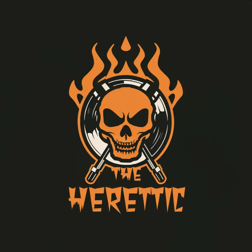 a logo design,with the text "The heretic", main symbol:Logo Symbol: half turntable and half an angry grin skull with fire in its eyes,complex,be used in Entertainment industry,clear background