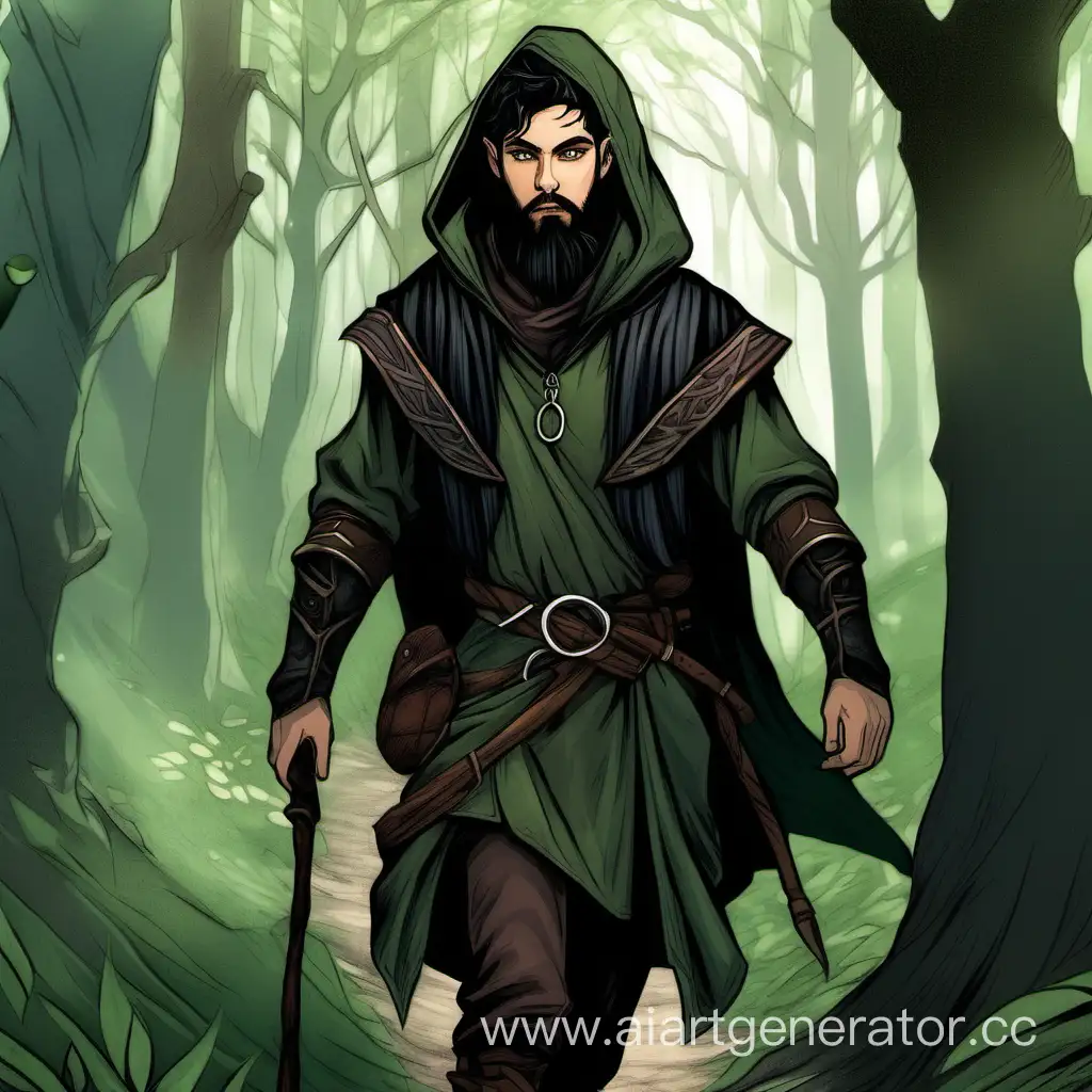 A young half-elf druid with black hair and a black beard wanders through the forest in a hood