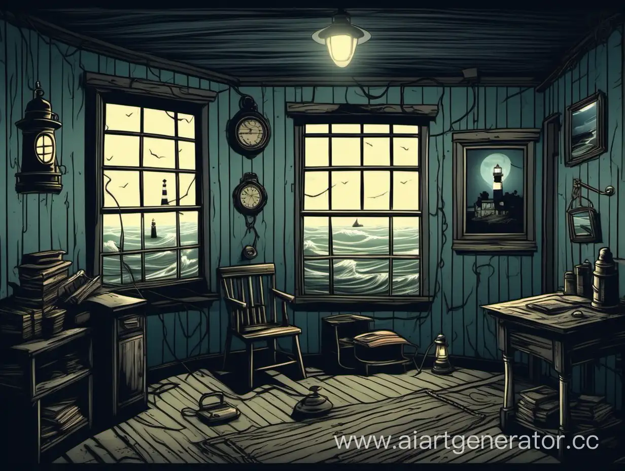 inside the lighthouse keeper's room from the right, the window looks at the lighthouse
 4к horror cartoon Gloomy