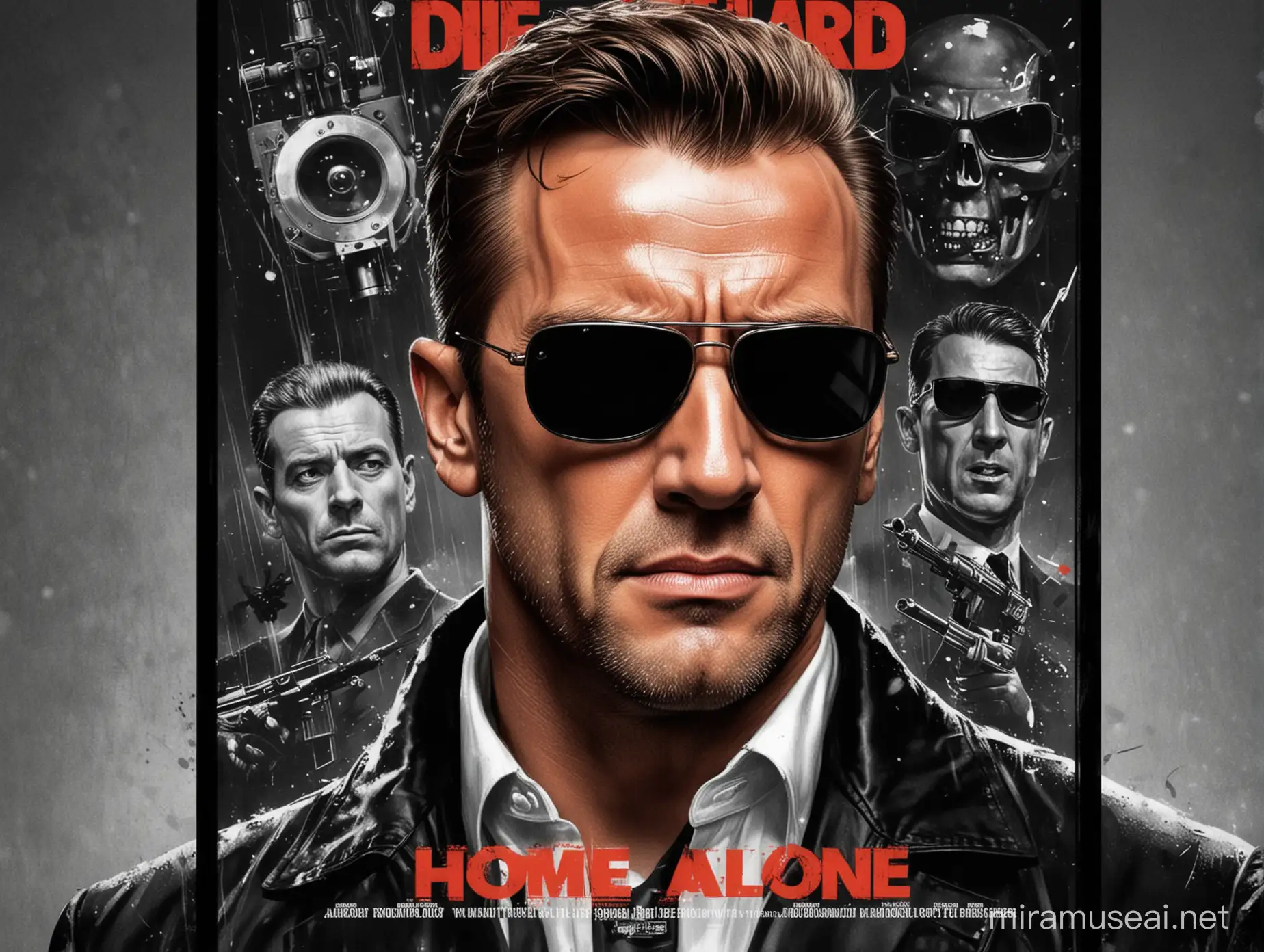Actionpacked Fusion Die Hard Terminator and Home Alone Meet Dr Strangelove in Classic Art Style Movie Poster