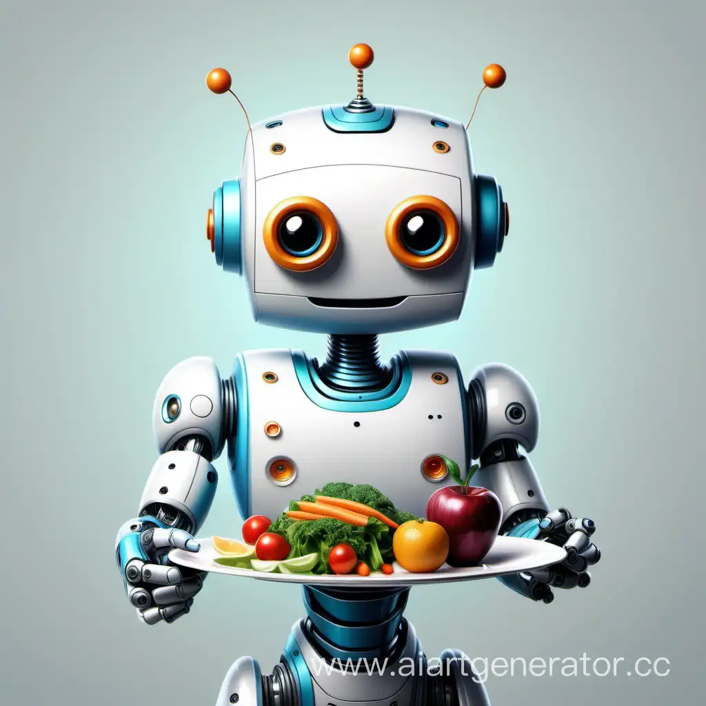 нарисуй суперсовременного счастливого робота в стиле гиперреализм, который держит в руках тарелку с полезной едой