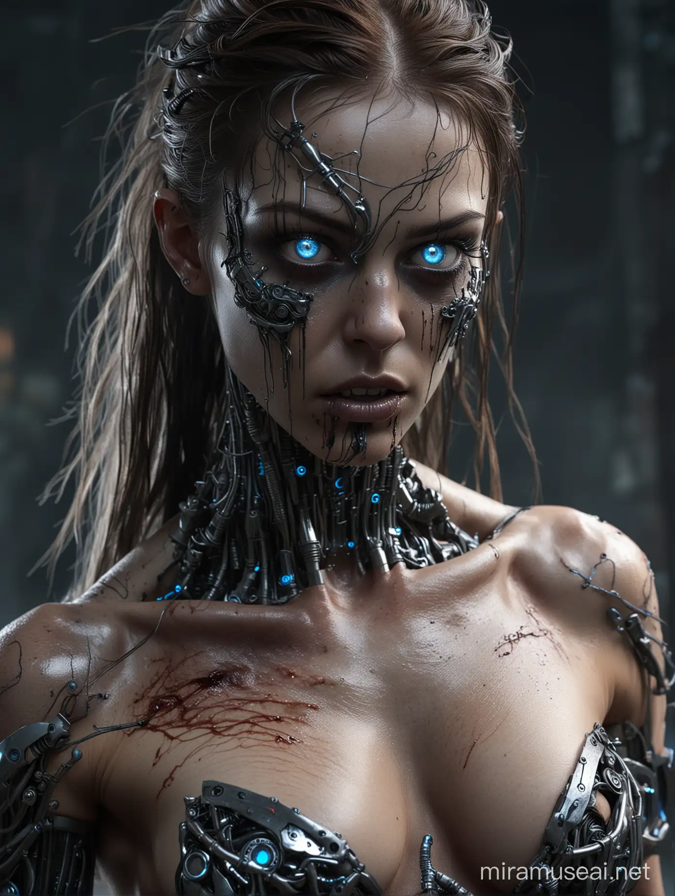 cybernetically enhanced nude female zombie with glowing blue eyes and metallic claws, gory details and exposed wires, intense close-up, revealed breasts, shot with a dark, futuristic background, High-definition rendering with intricate mechanical components and eerie, otherworldly aura