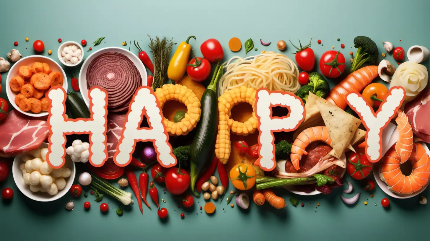 Happy Banner containing uncooked, cooked food