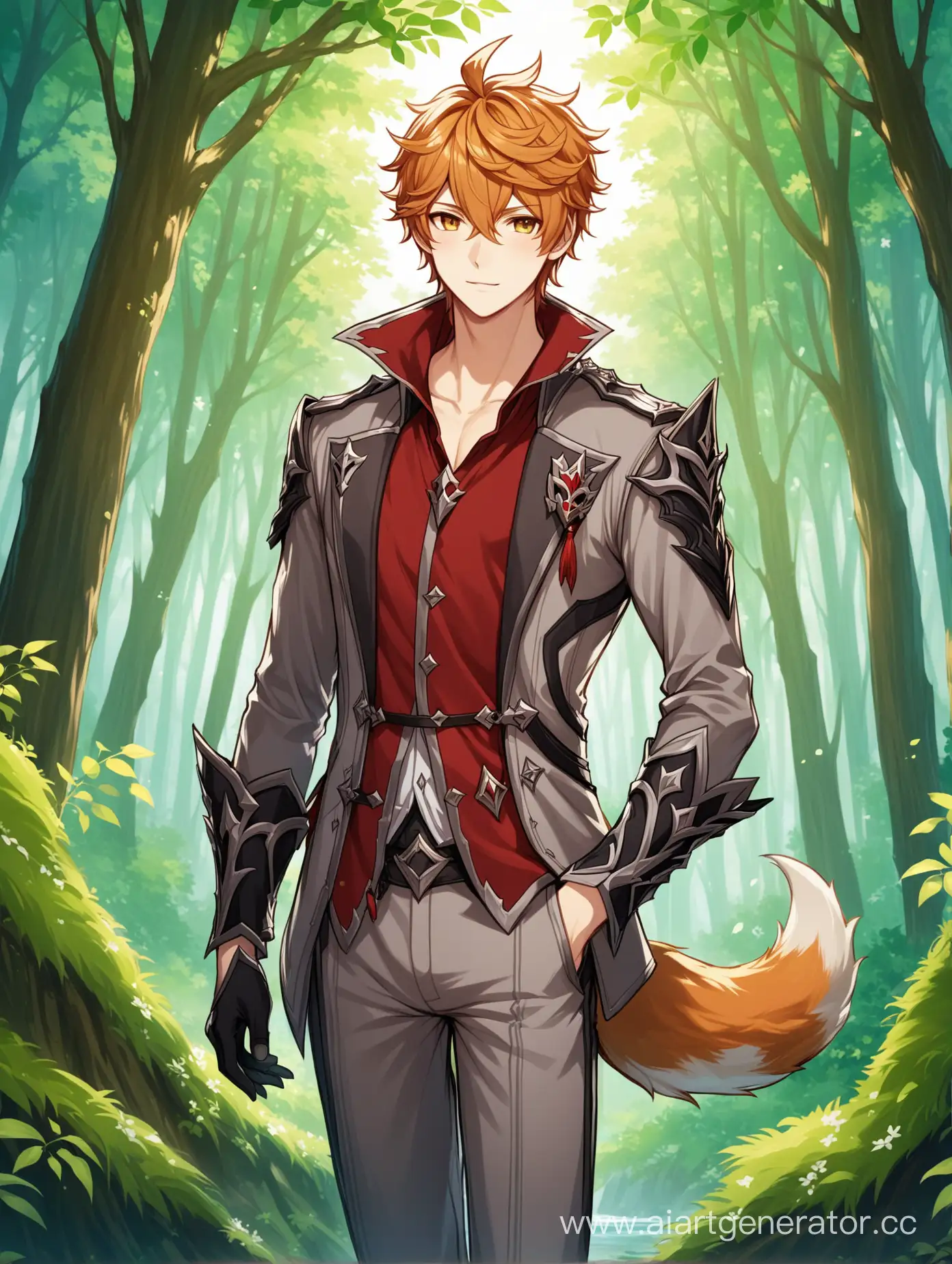 draw an art of a fox guy who looks like the character from Genshin Impact Tartaglia in a deep forest and as if Tartaglia is inviting into the forest in 1024x768 format