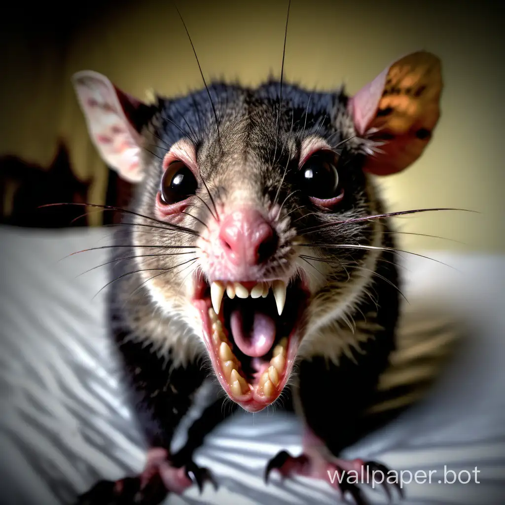 close up savage Australian brushtail possum claws up, wild eyes, snarling open mouth, large sharp teeth, sitting on a bed, gothic horror,  fisheye lens  --s50