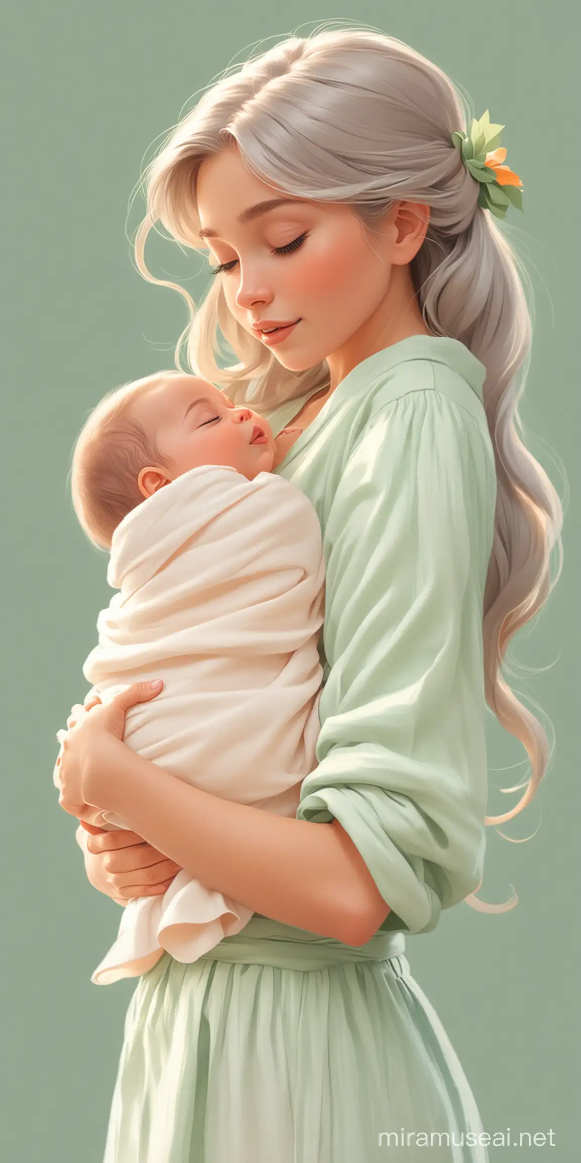 Девушка с новорождённым ребёнком на руках. Мультипликационный стиль Disney. Пастельные цвета. Зеленый, оранжевый, белый