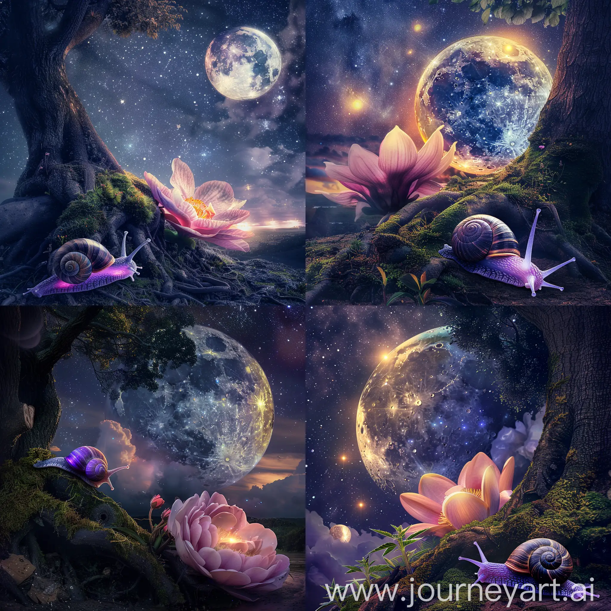 Luminous-Snail-Approaches-Giant-Pink-Flower-under-Radiant-Moonlight