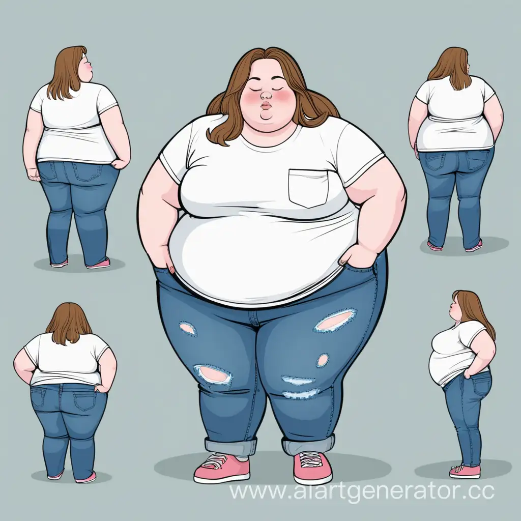 Fat girl in tired jeans and t-shirts