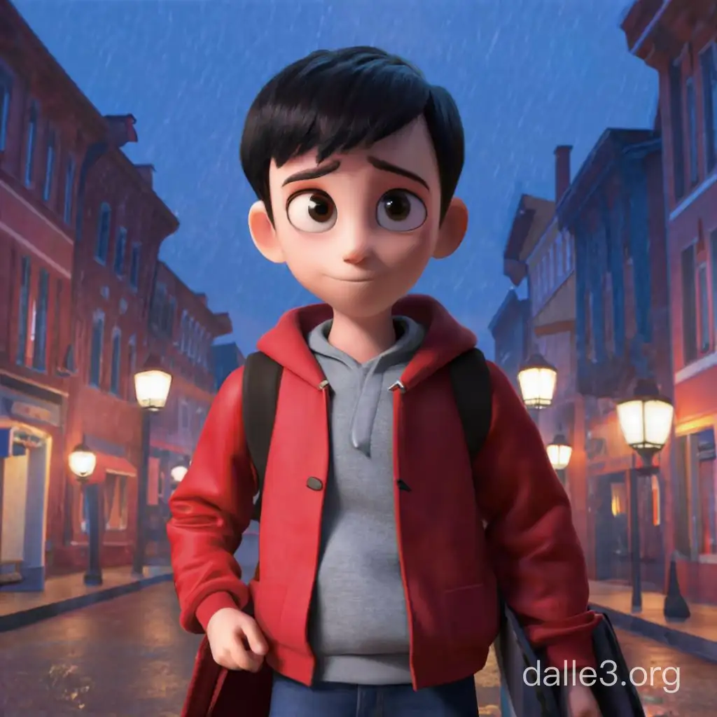 18-year-old guy, goes to work, short haircut, European appearance, short dark hair, brown eyes, pixar style, cartoon texture, pixar 3D character, Disney character, goes to work with a briefcase, it's dark outside and it's raining, he walks in a red anorak