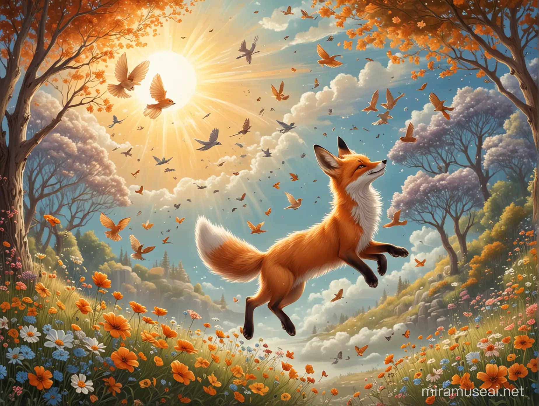 Whimsical art, a cute fox, a cute rabbit, trees, flowers around, the sun in the sky, birds flying