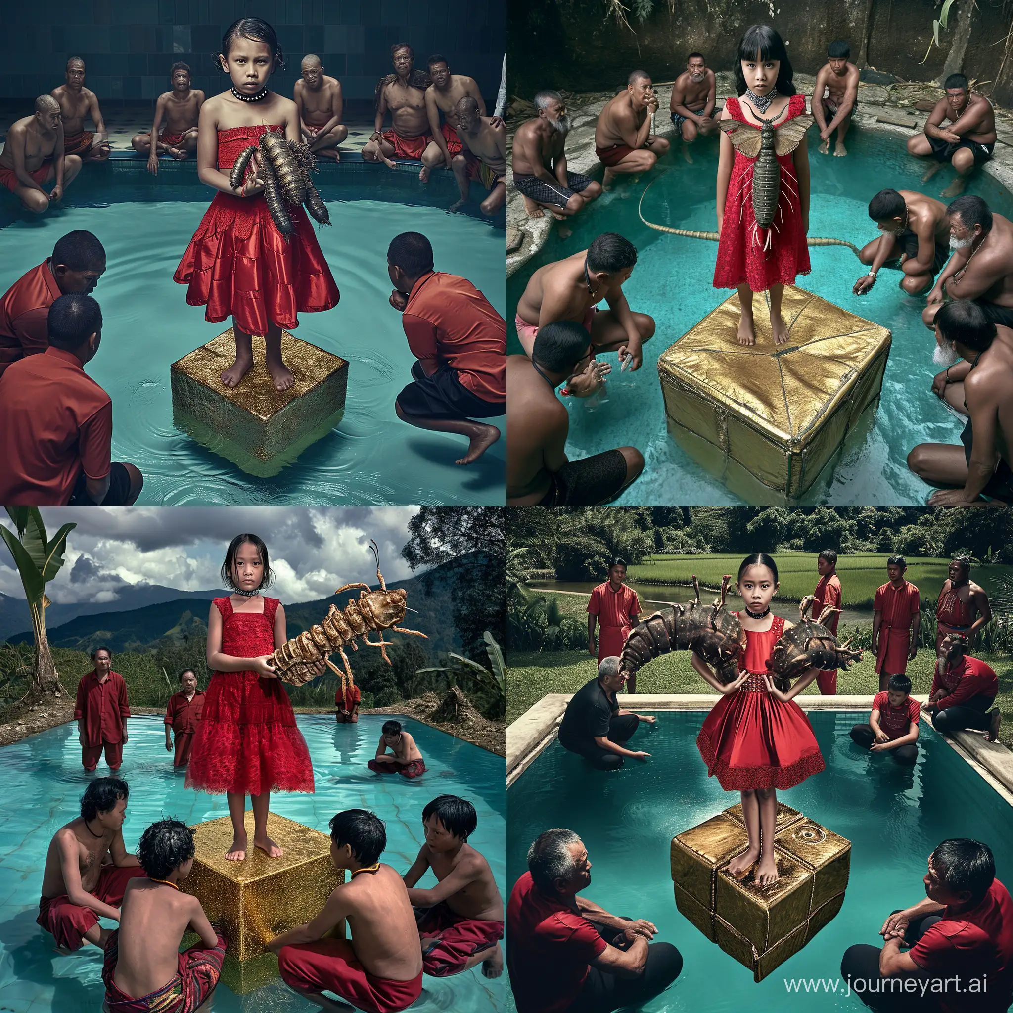 фотография 12-летней девочки в полный рост в красном платье, с чокером, стоящей на большом золотом кубе в бассейне. вокруг бассейна на коленях стоят мужчины папуасы.  девочка держит на руках огромную личинку бабочки