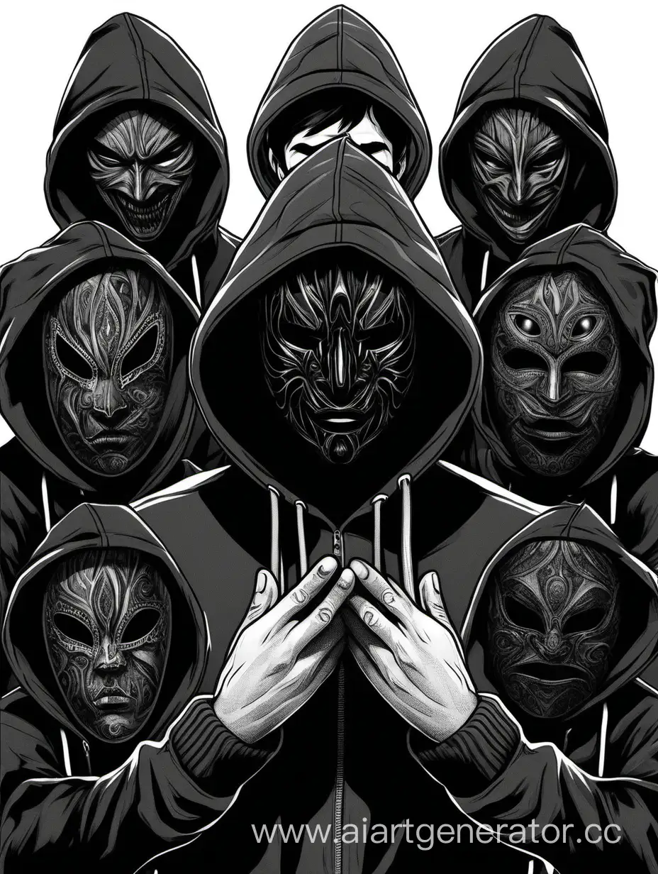 Young-Man-in-Black-Hood-with-Emotive-Masks