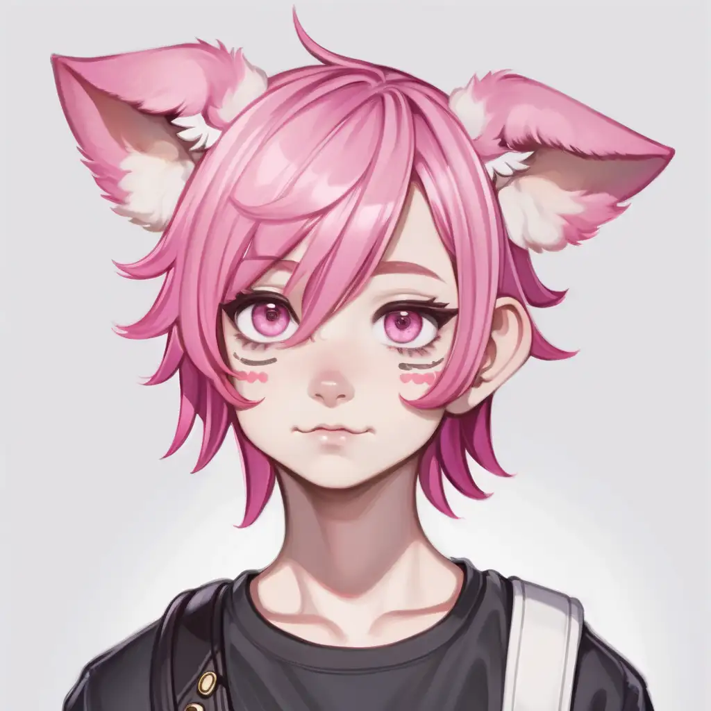 human boy with pink hair puppy ears and tail and white eyes feminine face 
