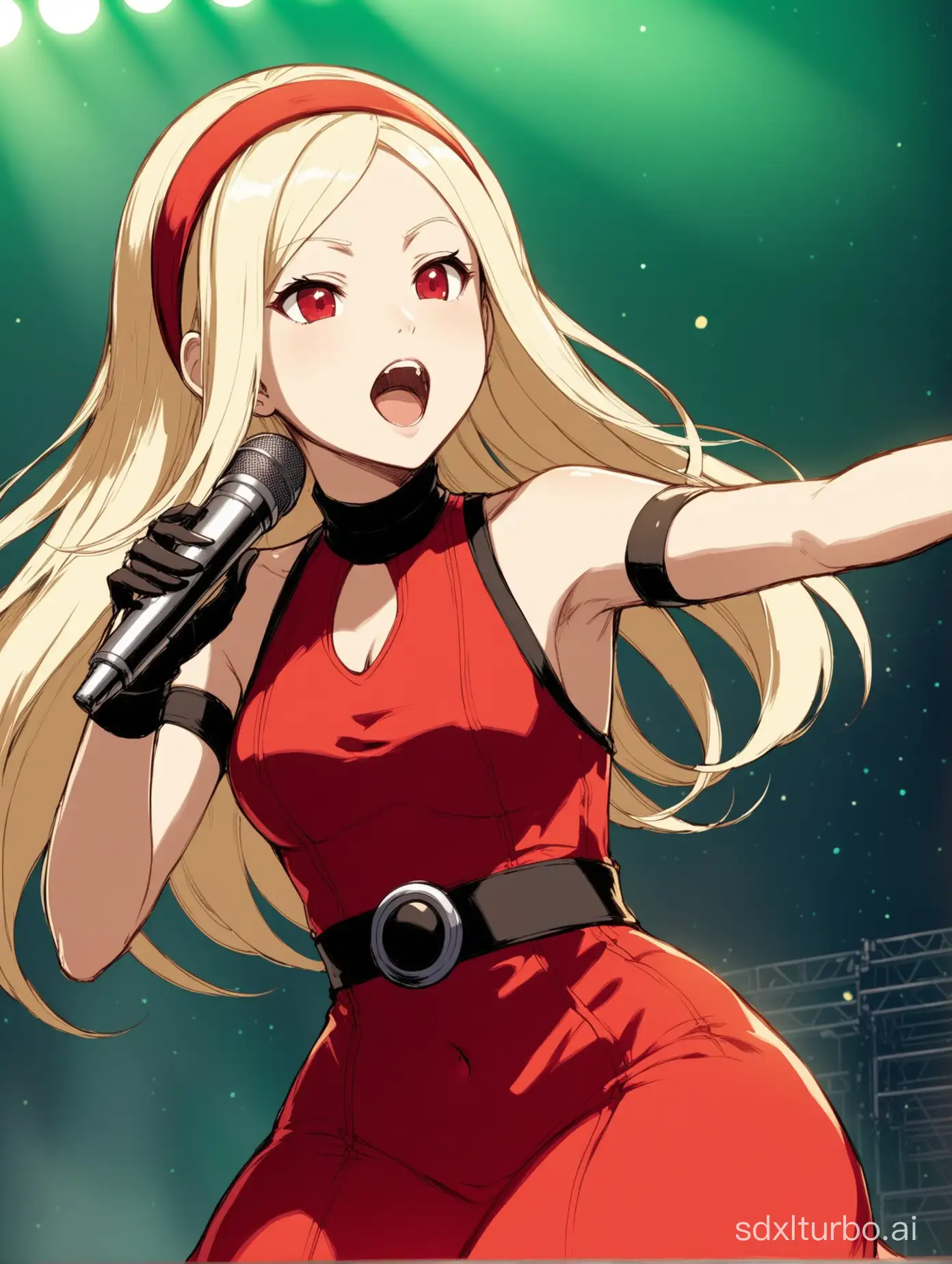 kat from gravity rush 2 in red dress and hairband, singing on stage