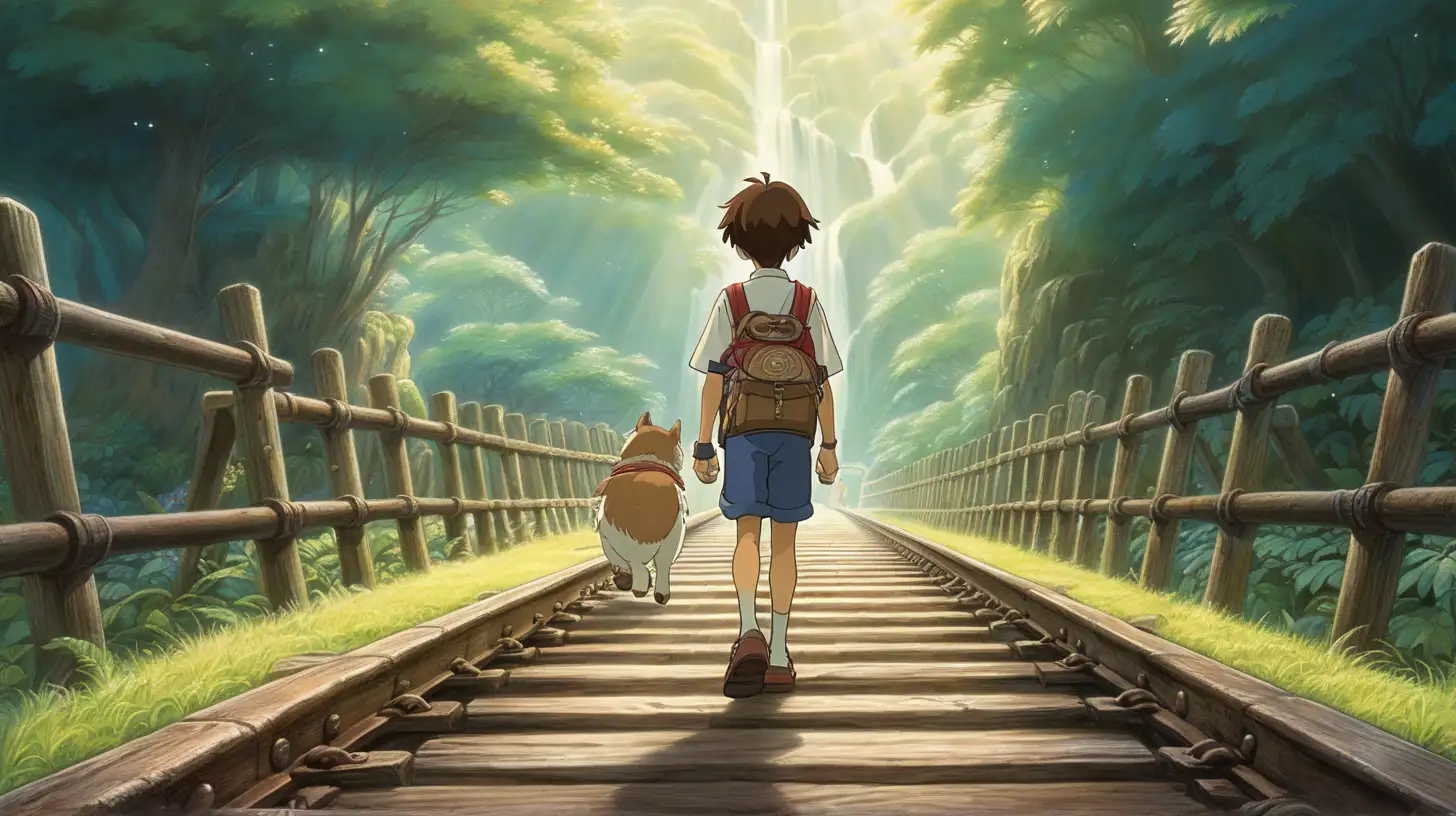 a boy with brown hair walking on rails, happy, peaceful, beauiful illustration of fantasy, ghibli, princess mononoke, soothing, dark, music, amazing detailed game poster, wide angle, Hayao Miyazaki --ar3:2 --niji 5