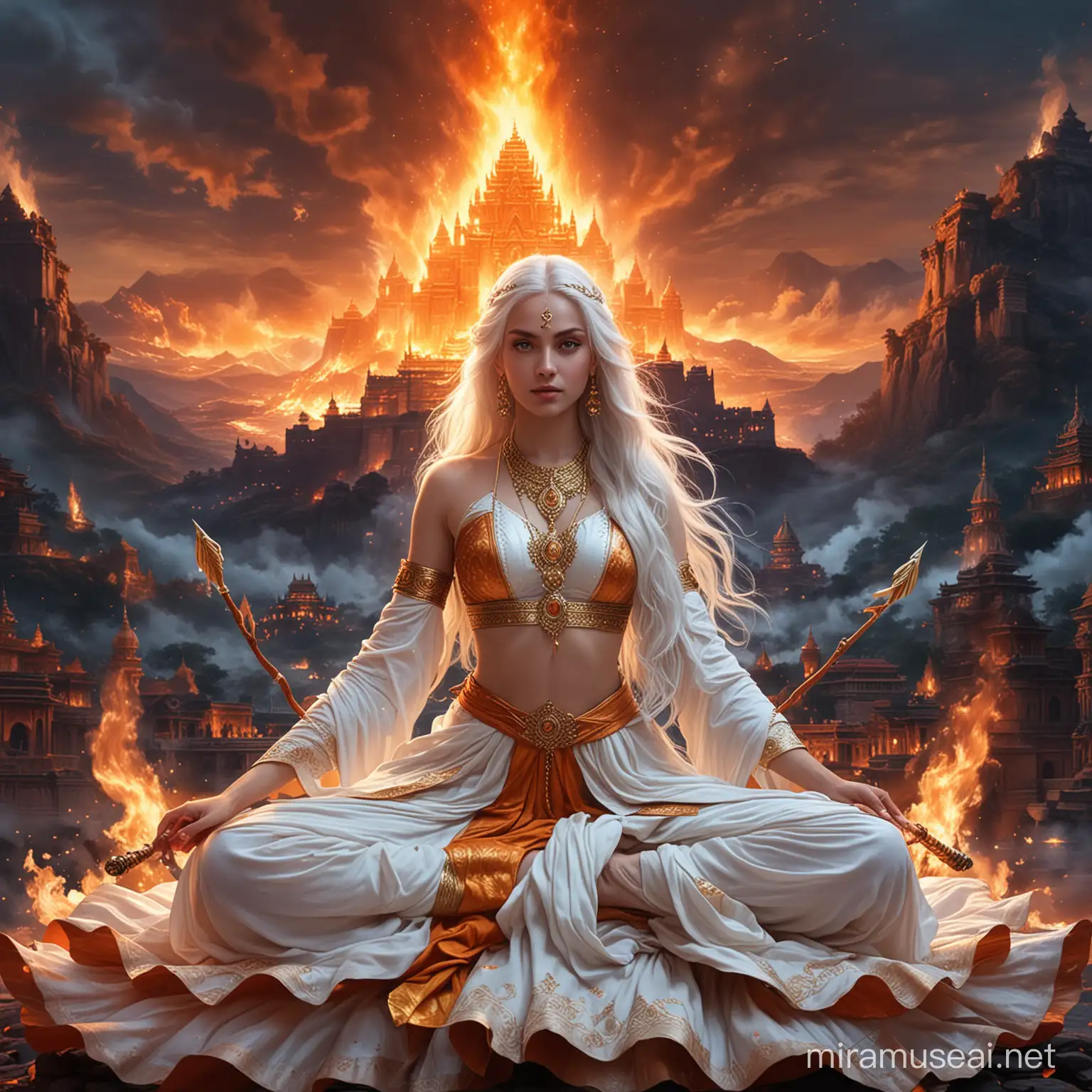 Young Empress Goddess in Hindu Combat Amidst Fire and Dark Palace