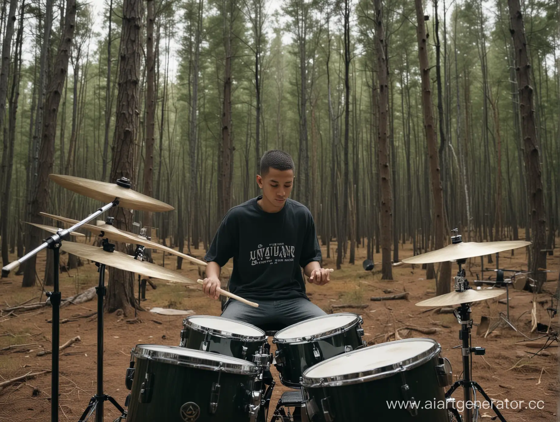 человек играет на барабанах на фоне леса