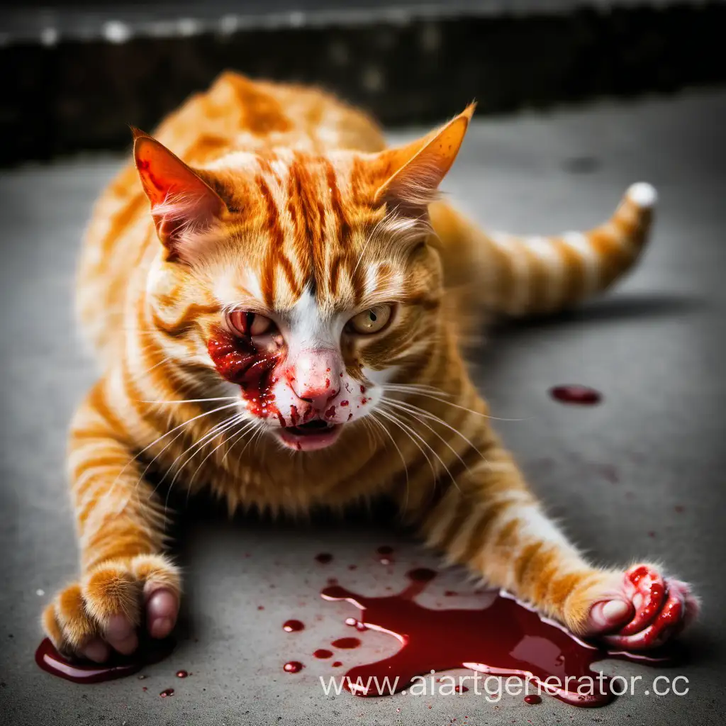 побитый  в крови рыжий кот