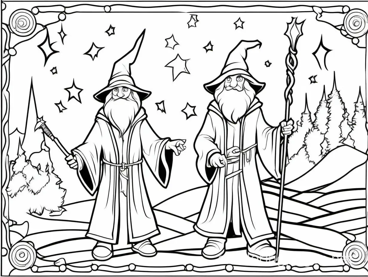 WIZARDS, Coloring Page, black and white, line art, white background, Simplicity, Ample White Space. The background of the coloring page is plain white to make it easy for young children to color within the lines. The outlines of all the subjects are easy to distinguish, making it simple for kids to color without too much difficulty