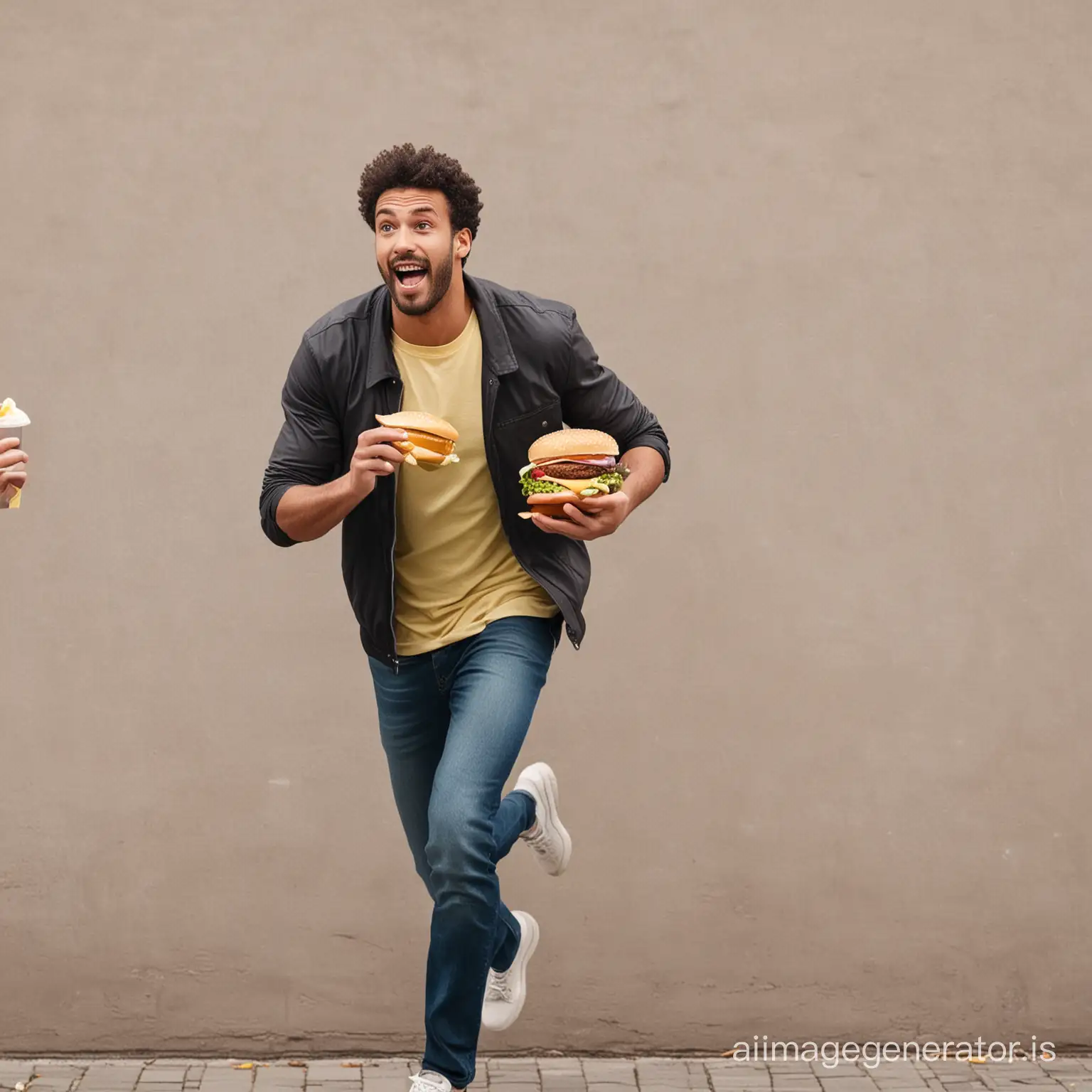 man running away from friends offering him hamburger and chips