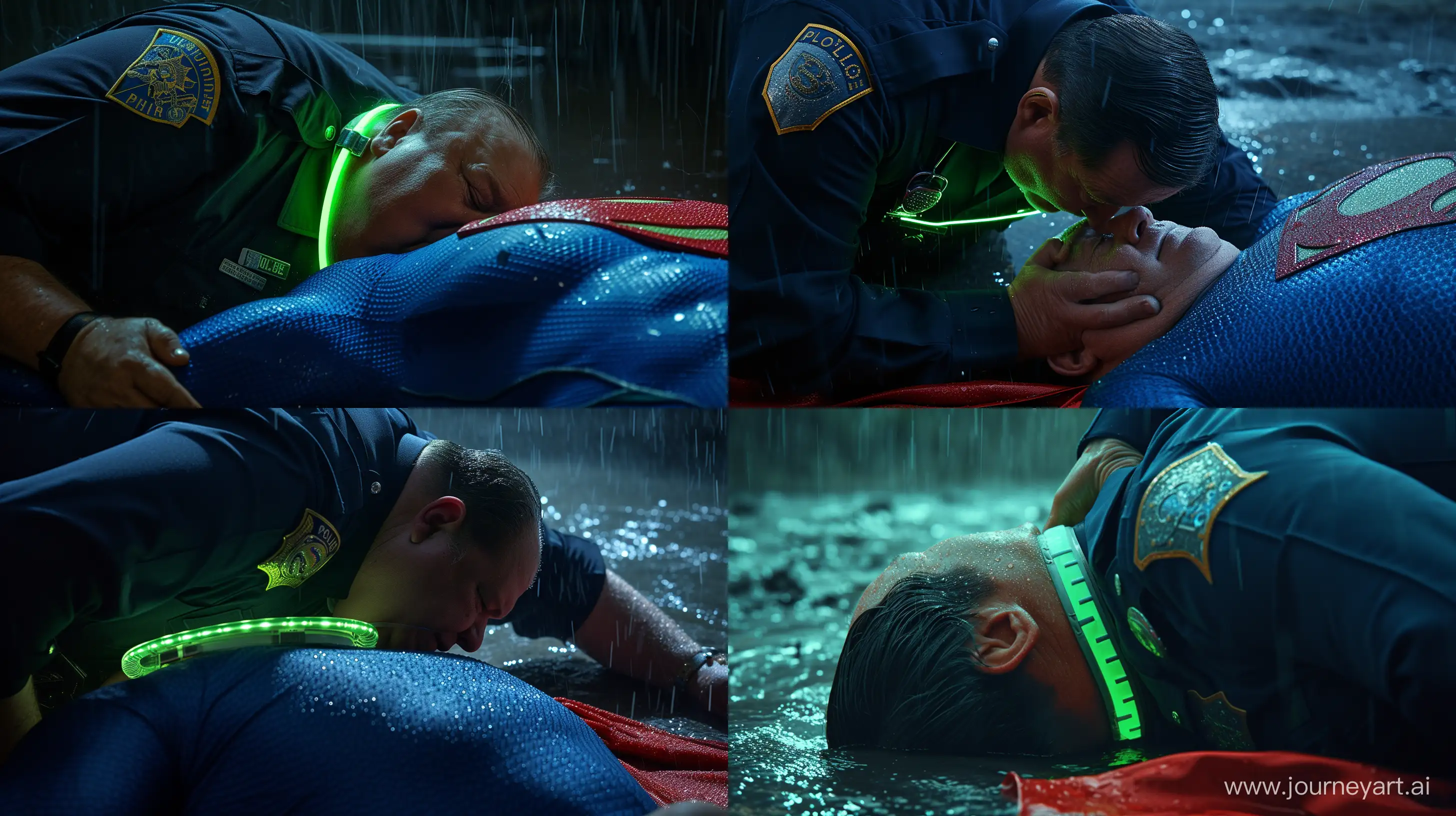 Close-up photo of a fat man aged 60 wearing a navy police uniform. Bending behind and tightening a tight green glowing neon dog collar on the nape of a fat man aged 60 wearing a tight blue 1978 smooth superman costume with a red cape lying in the rain. Natural Light. River. --style raw --ar 16:9