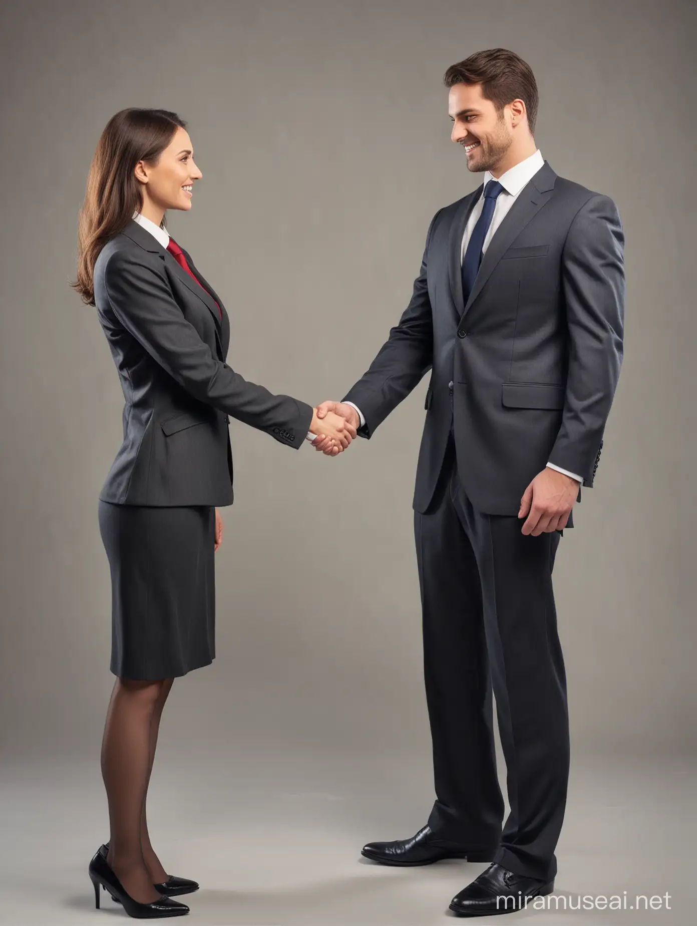 immagine di un uomo e una donna vestiti con giacca e cravatta l'uomo ed in tailleur la donna che si stringono la mano